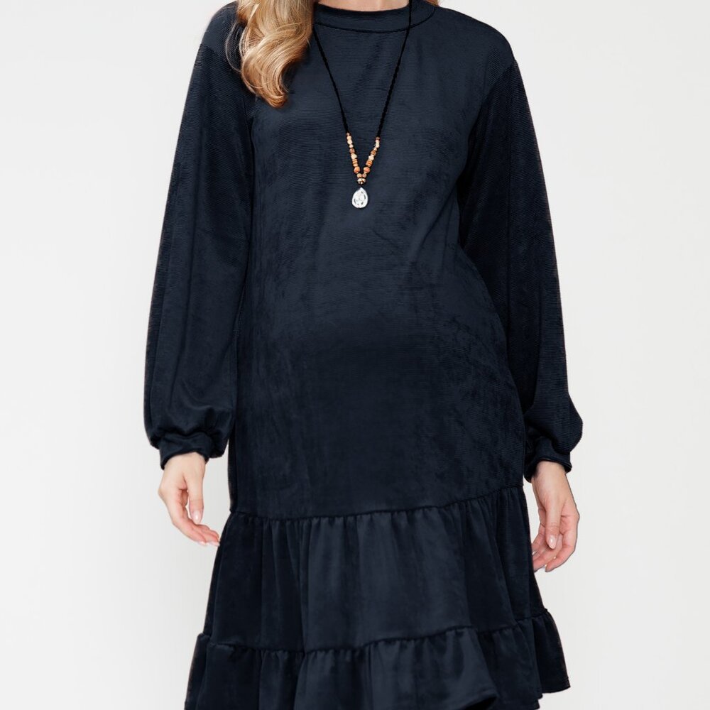 Maternity Navy Long Sleeve Velvet Princess Midi Ruffle Dress